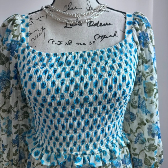Taylor Blue and White Floral Long Sleeve Dress - Picture 3 of 11